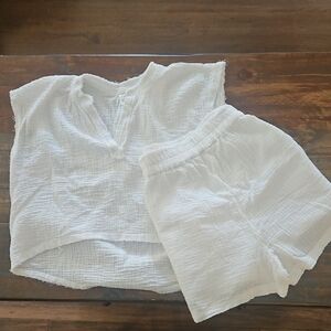 White Gauze V-Neck Beach Lounge Set